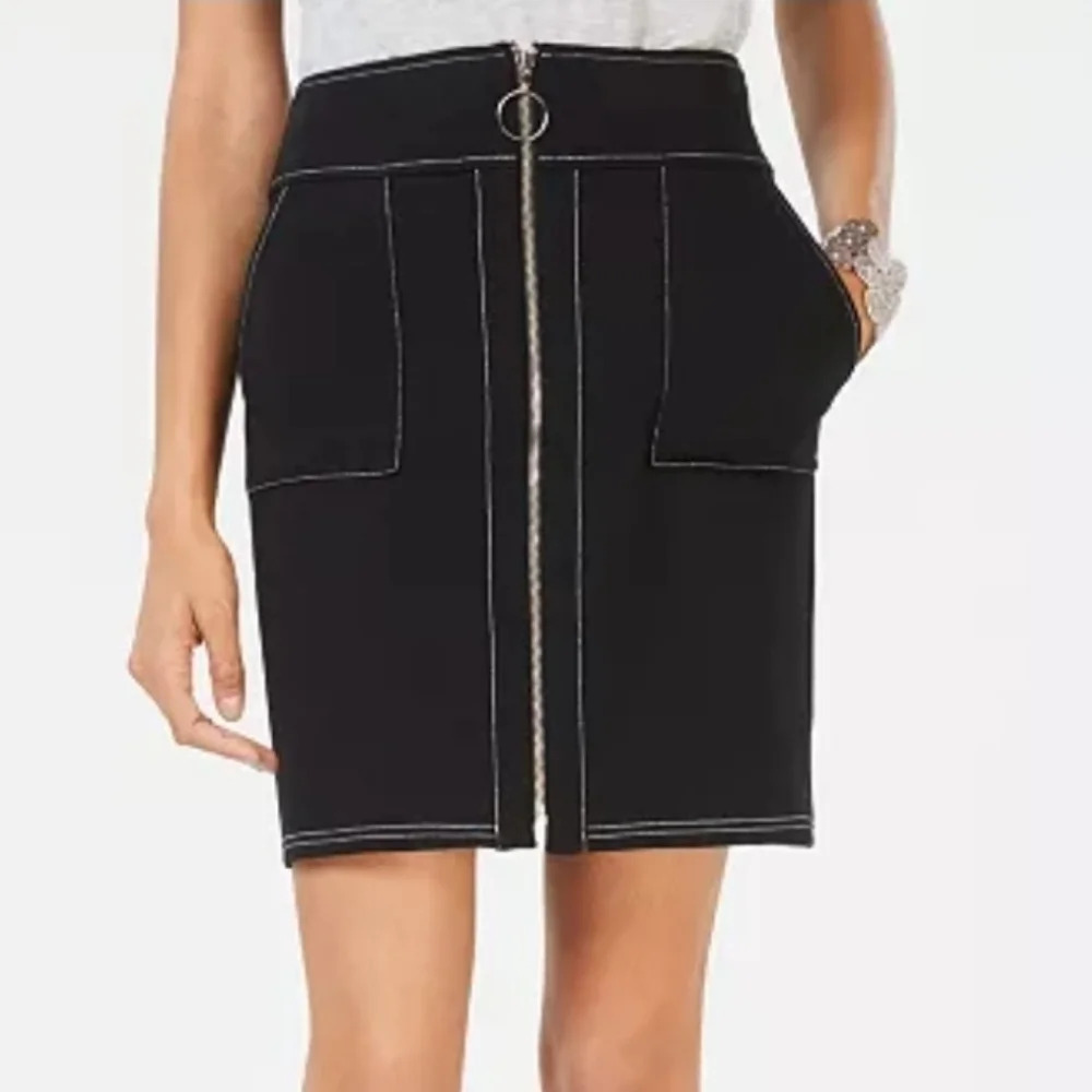 INC International Concepts Zip Front Contrast Stitch Mini Scuba Skirt, EUC!